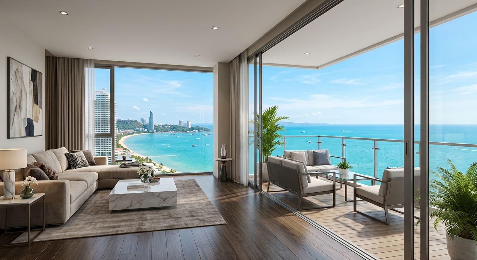 Luxury Pattaya apartment living room with a marble coffee table overlooking Pattaya Beach and the turquoise bay